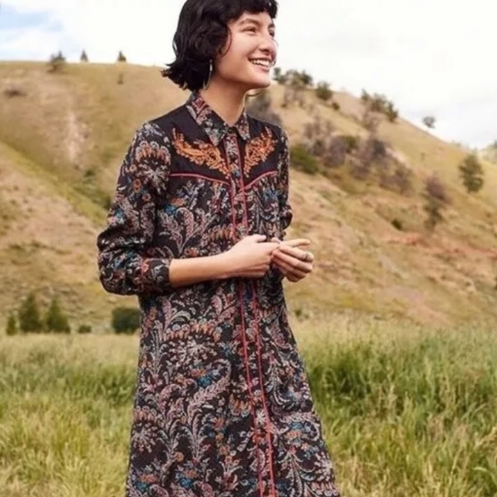ANTHROPOLOGIE Holding Horses Escalante Western Floral Embroidered Shirt Dress 6P